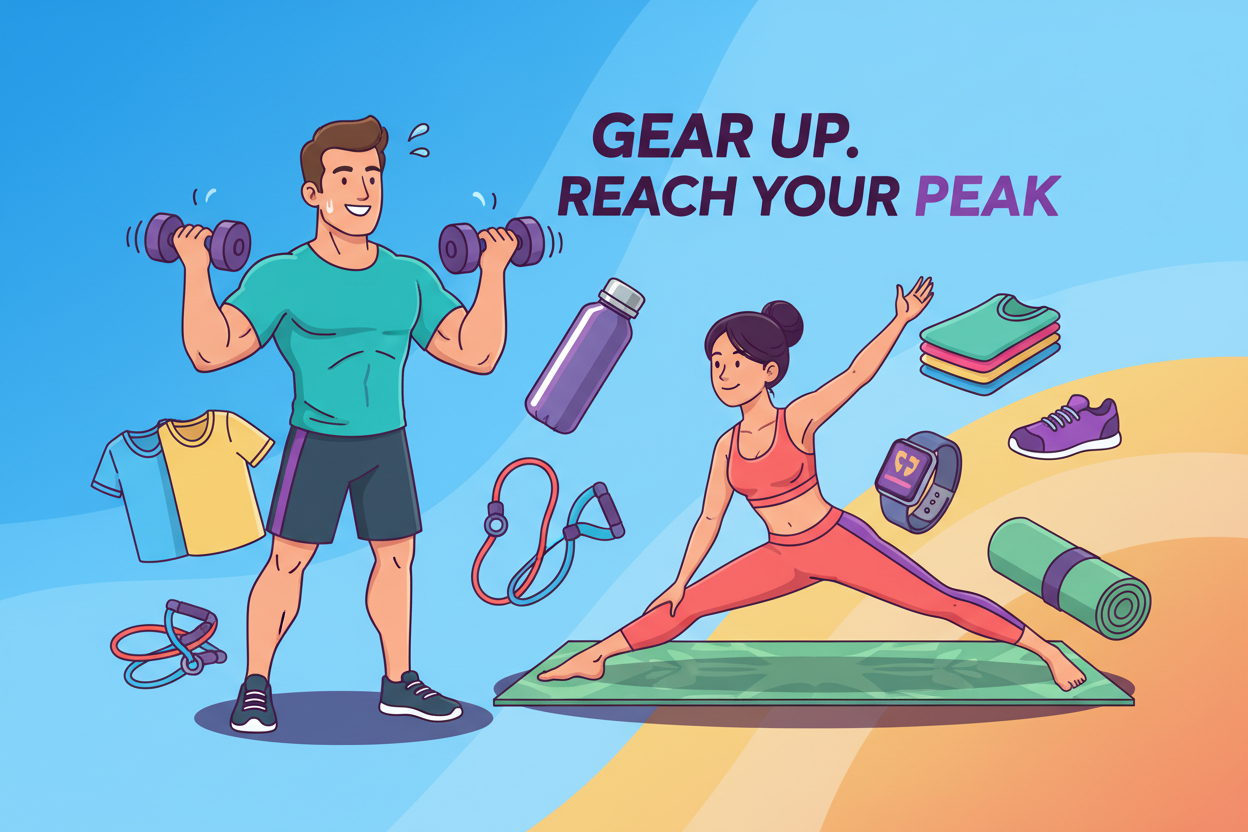 create me a background photo for an online health and fitness store. include cartoon characters of a man and woman exercising using fitness equipment. Place fitness products like a water bottle, fitness clothes, and fitness accessories in the background. Incorporate a little bit of the color 1B1338 in it.